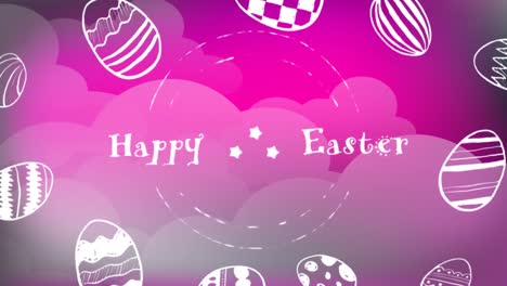 Animation-of-happy-easter-text-with-eggs-over-clouds-on-purple-background