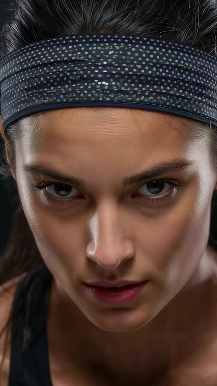 Vertical video: Reacting athlete in dark top tilting head up in studio after cue, headband, sweat
