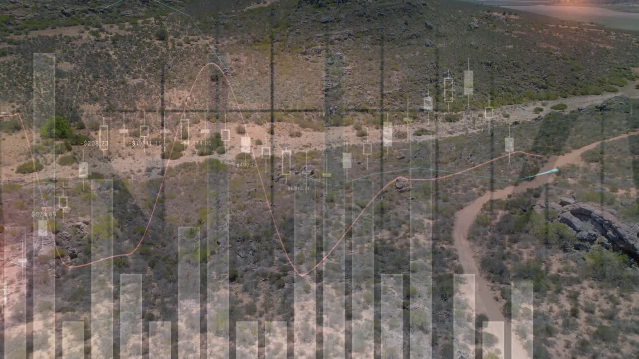 Drone launching above desert, carrying digital bar chart and line graph tracking terrain metrics