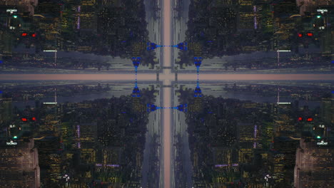 Large-city-surrounded-by-water.-Business-borough-after-sunset.-Abstract-computer-effect-digital-composed-footage