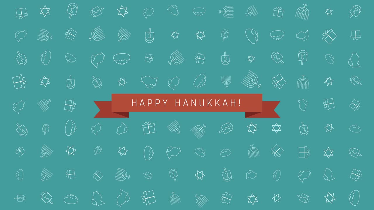 하누카 휴가 플래트 디자인 애니메이션 배경과 전통적인 기호와 영어 텍스트