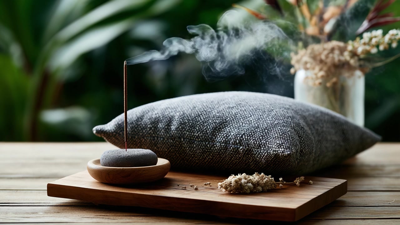 Natura morta serena con incenso e fumo leggero, cuscino testurizzato, elementi naturali e vegetazione in un ambiente pacifico per il relax e la consapevolezza.