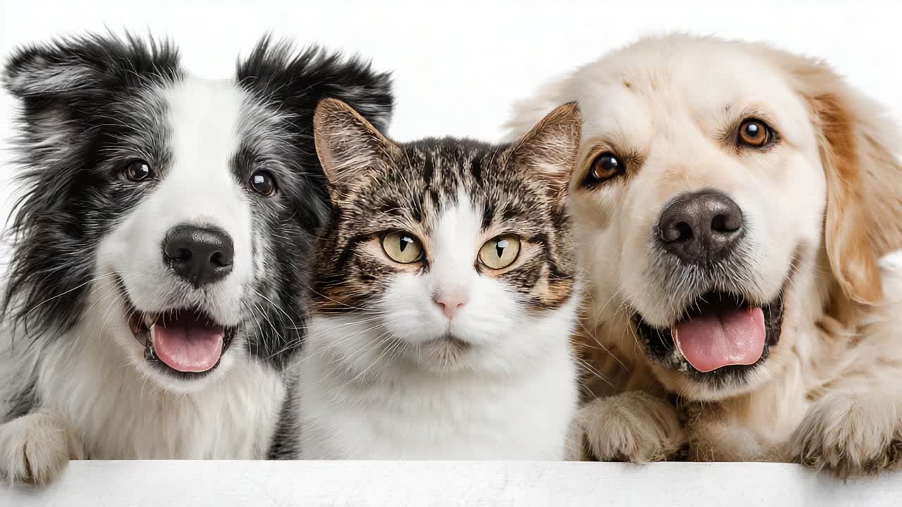 A Heartwarming Trio: A Happy Dog, Cat, and Dog Share Joyful Expressions, Capturing the Essence of Friendship and Companionship in a Beloved Pet Portrait