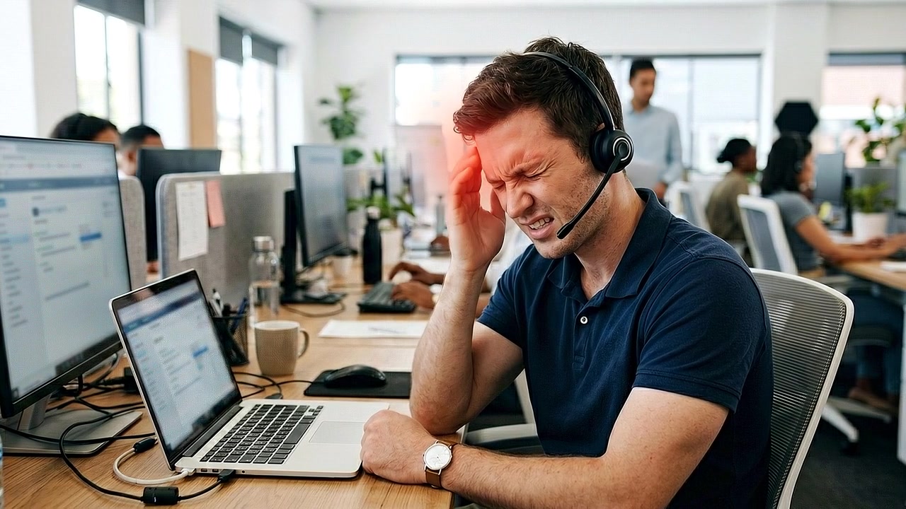 Office employee touching painful neck while seated beside open laptop in realistic medical scene