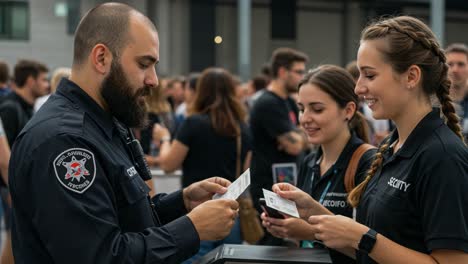 security personnel engaging with attendees: a dynamic interaction at an event featuring credential checks and attendee management