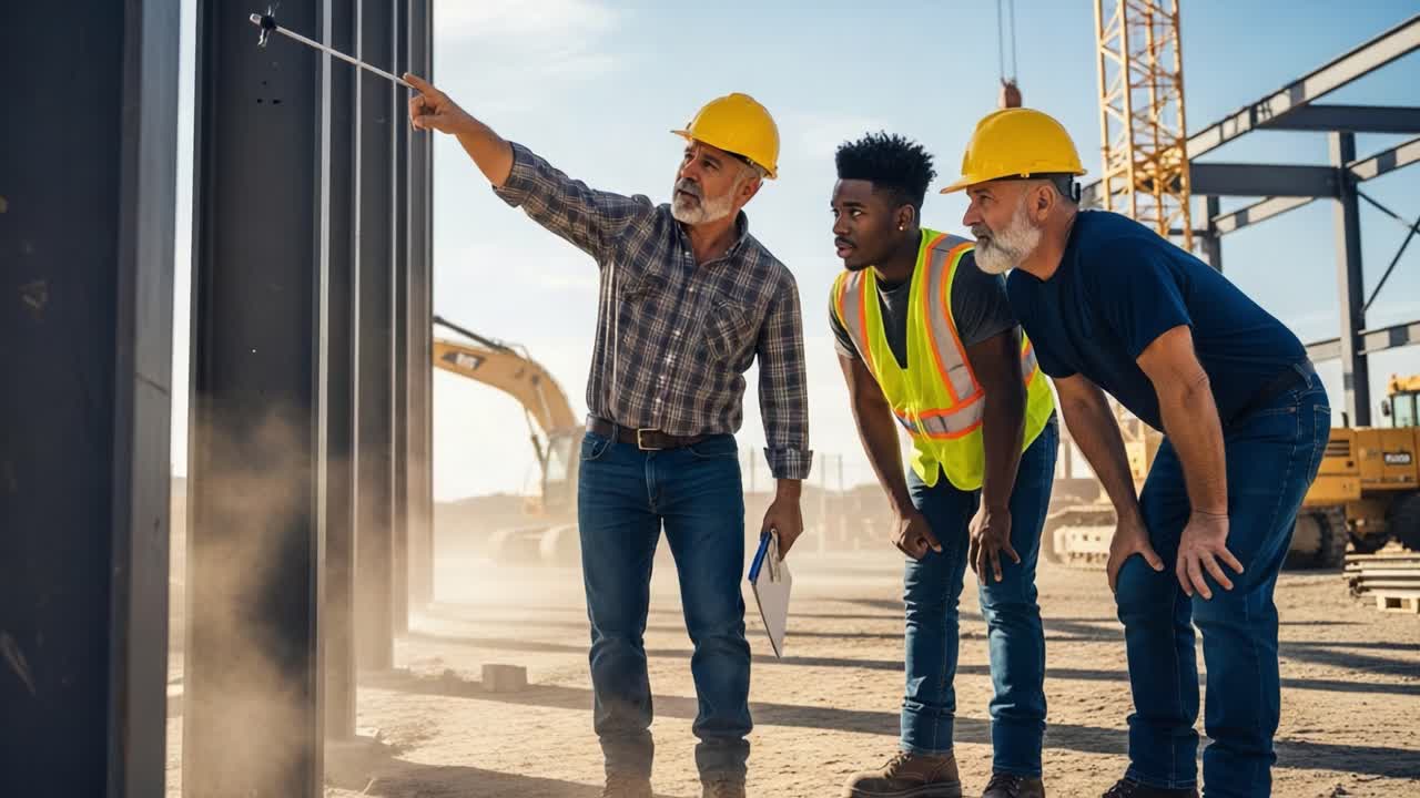 Construction Overview: A Group of Professionals Observes and Discusses Structural Elements During a Building Project in an Outdoor Environment