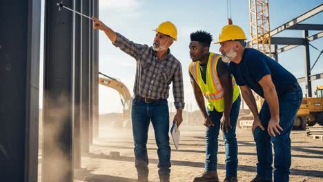 construction overview: a group of professionals observes and discusses structural elements during a building project in an outdoor environment