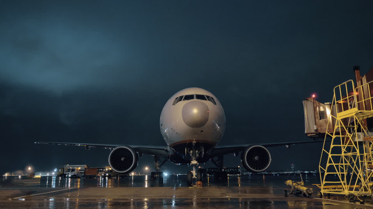 vista de la cabina del piloto y los motores de un avión de pasajeros estacionado en el aeropuerto por la noche
