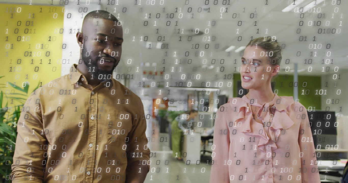 Colleagues glancing at smartphone and sparking binary code while walking discussing technology data
