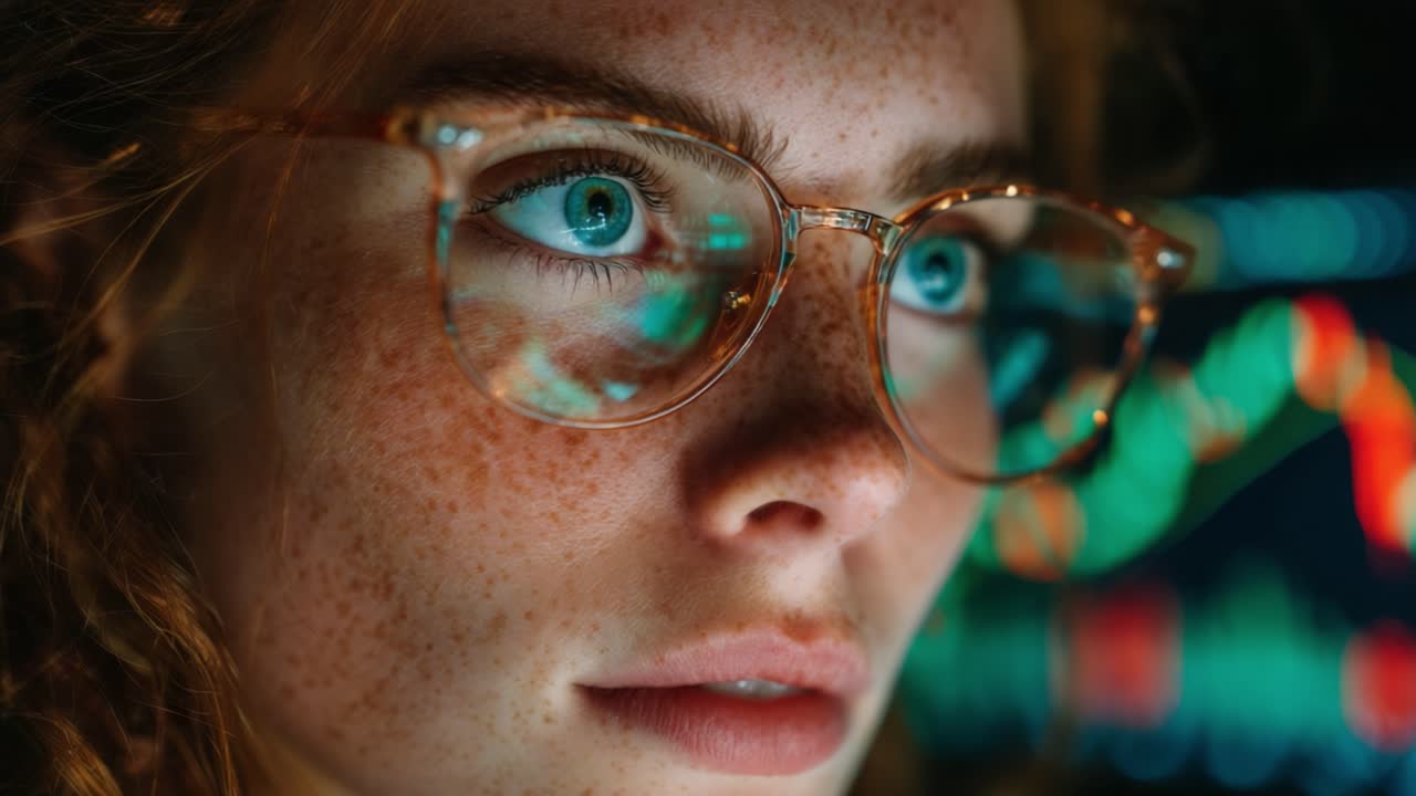 A focused individual with bright blue eyes and freckled skin, intently observing fluctuating data on a screen, reflecting a deep engagement with information and analysis