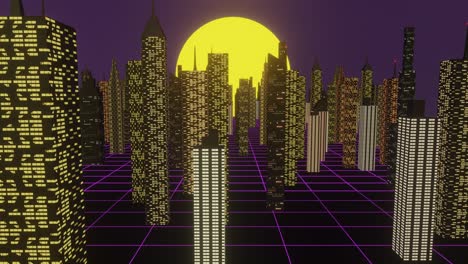 estilo retro-futurista de los años 80 con fondos de neón de la ciudad.