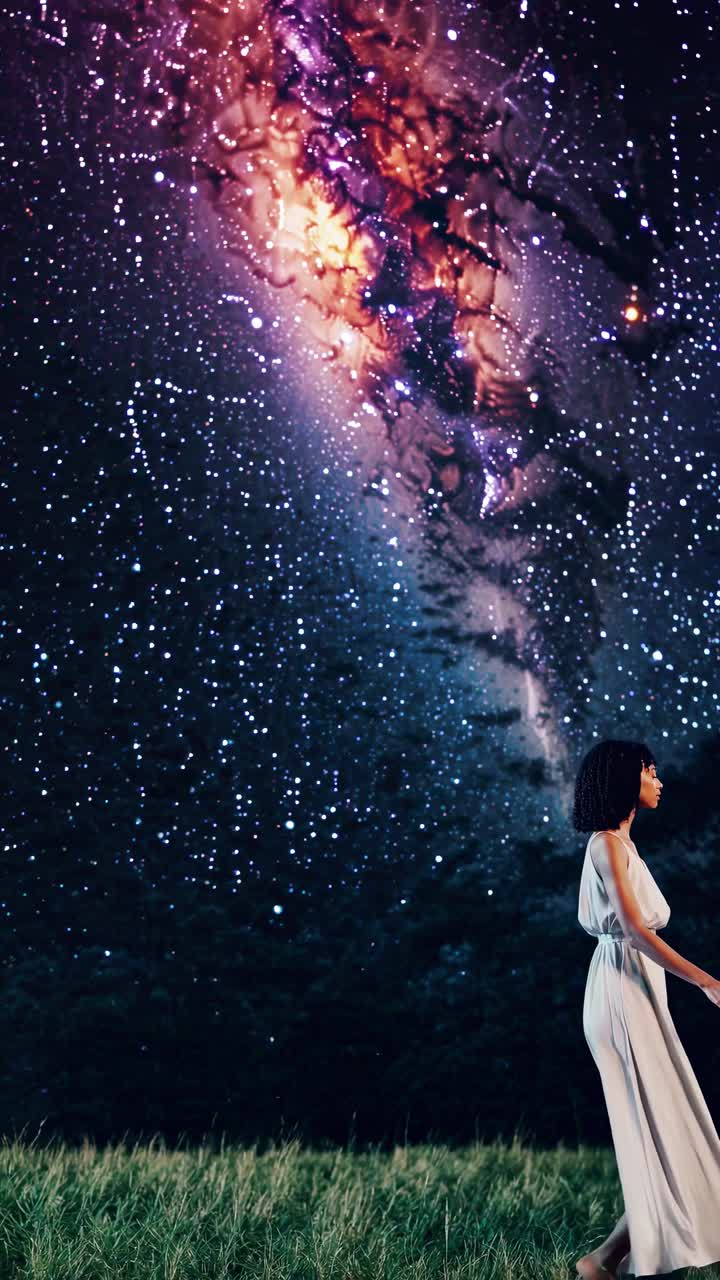 Una donna con un abito svolazzante cammina in un campo sotto un cielo stellato e vibrante