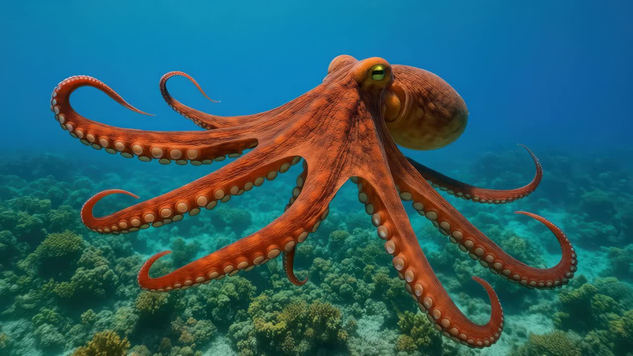 Dynamic underwater video shot of a vibrant octopus swimming over a coral reef, captured from a low