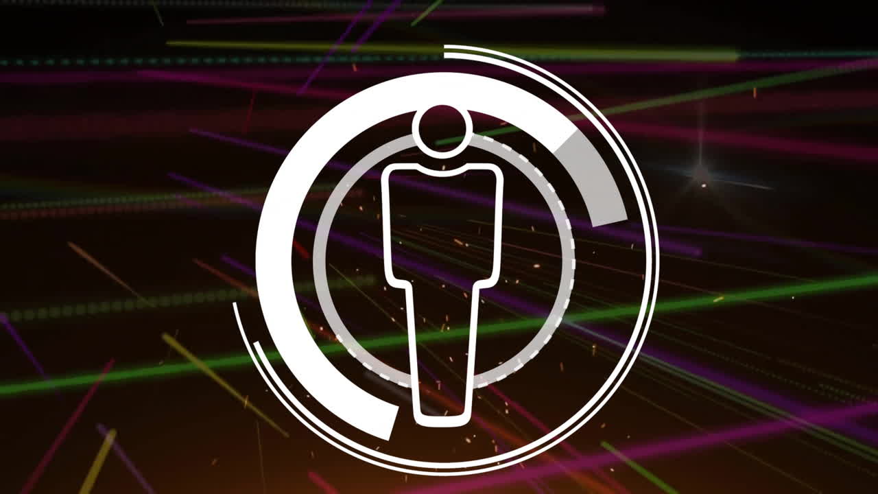 animación de escaneo de alcance con íconos sobre rastros de luz en fondo negro