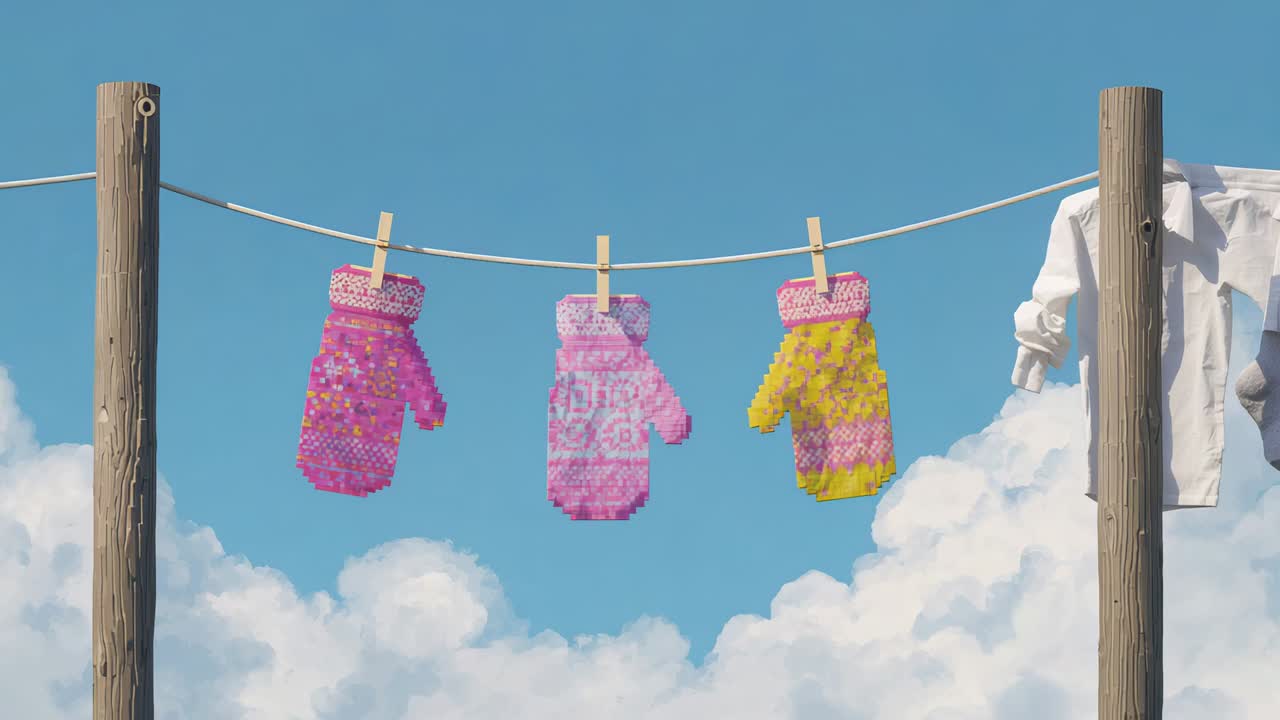 Swaying three mittens pivoting on clips along line between posts from breeze, nudging white shirt