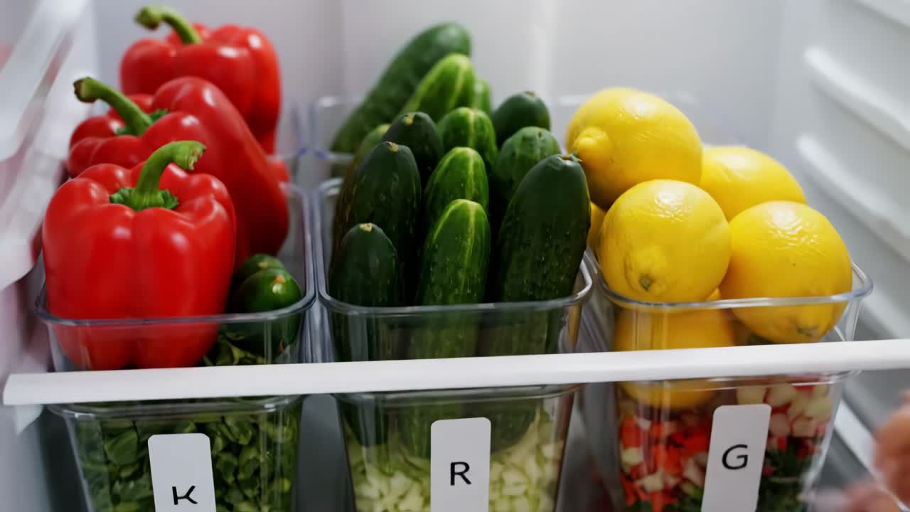 Fresh fruits and vegetables in the fridge