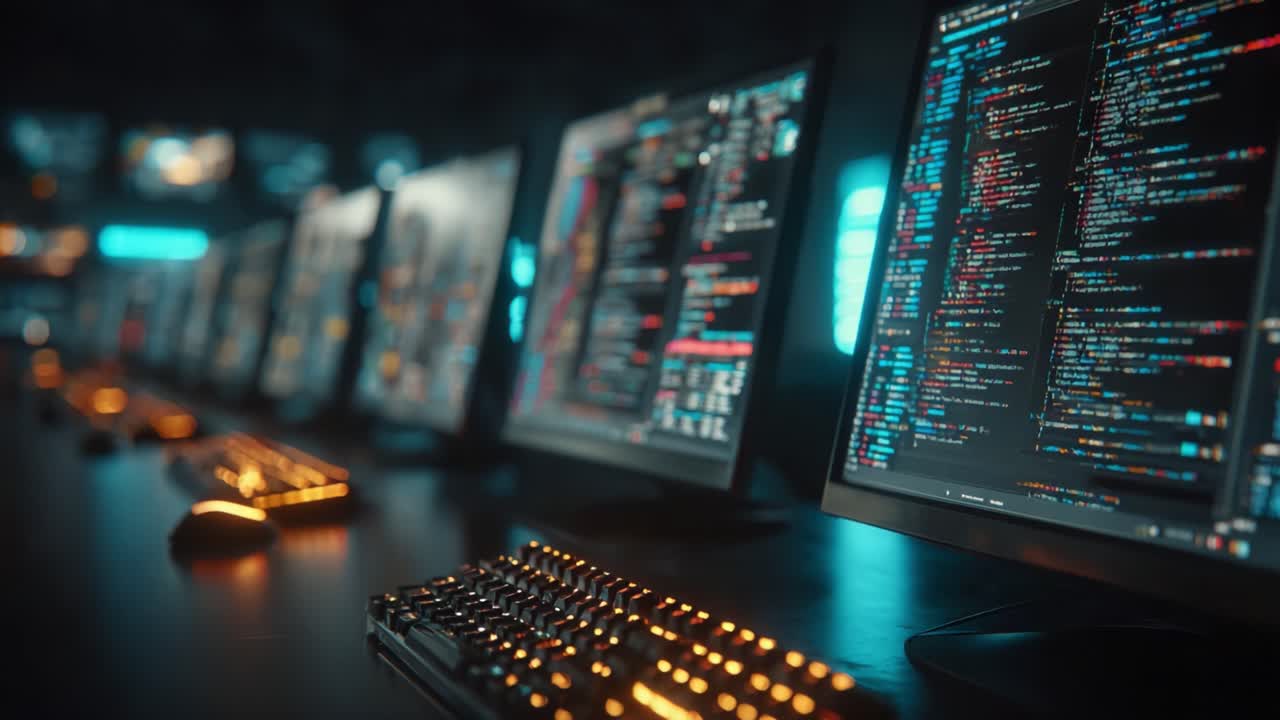 A Futuristic Workspace Displaying Multiple Monitors with Colorful Code, Showcasing Advanced Technology and Programming Skills in a Modern Digital Environment