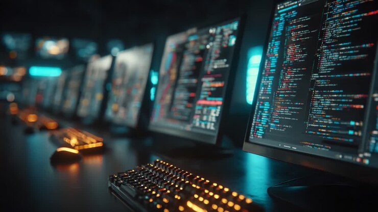 A Futuristic Workspace Displaying Multiple Monitors with Colorful Code, Showcasing Advanced Technology and Programming Skills in a Modern Digital Environment