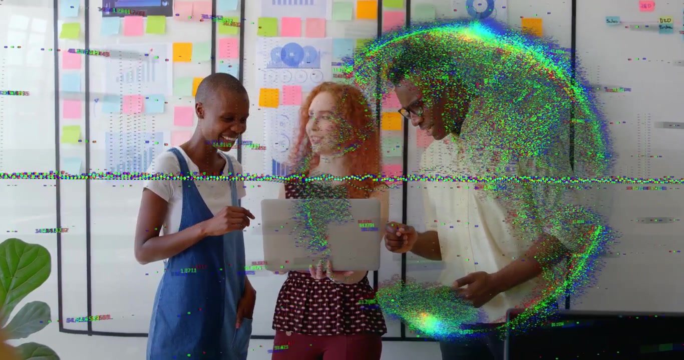 Colleagues around laptop analyzing business chart, discussion unfolding causing glitch intensifying