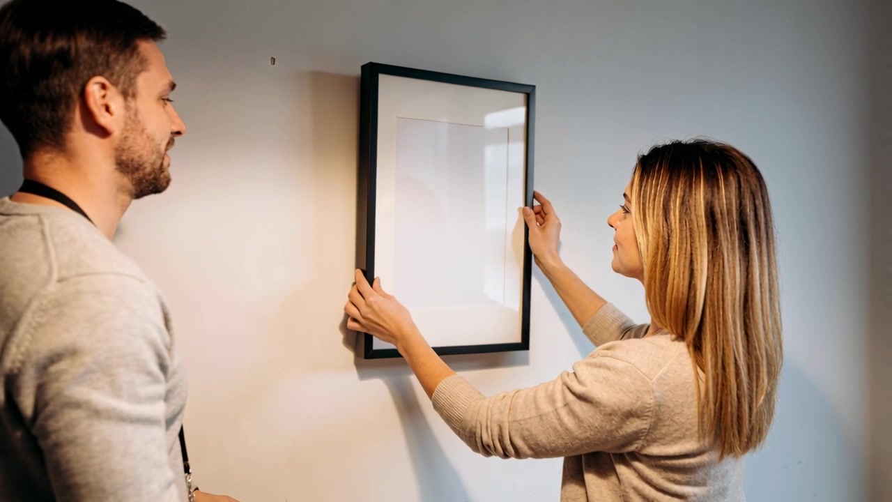 Measuring partners in light tops aligning black frame on wall, hanging on hook using yellow tape