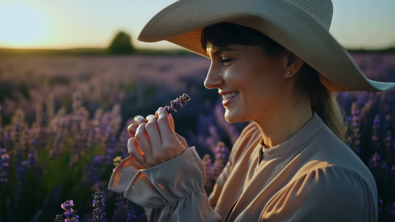 Woman enjoying the fragrance of lavender in a field at sunset