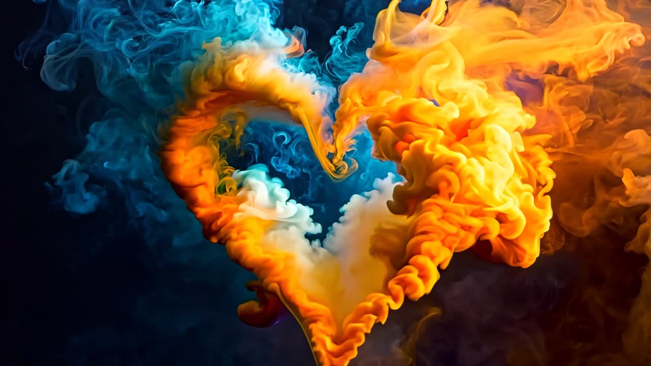 Un cœur fait de fumée orange et bleue sur un fond noir