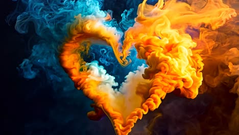 a heart made of orange and blue smoke on a black background