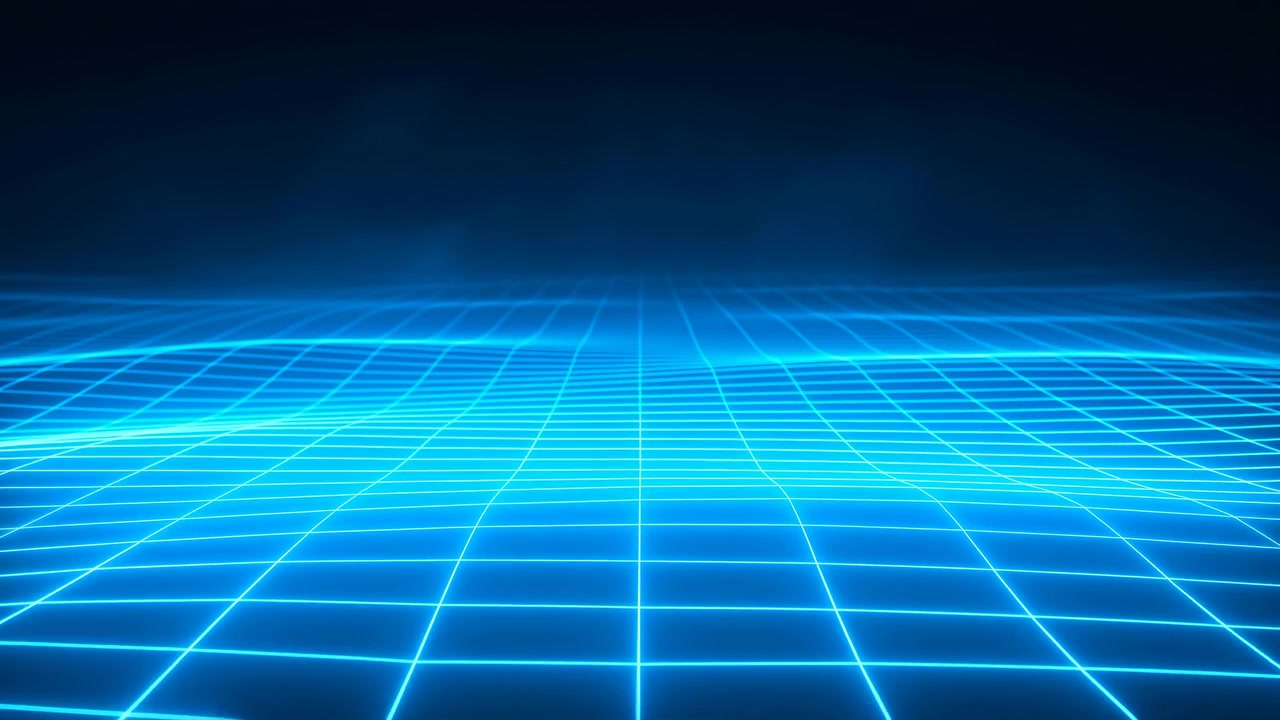 A luminous blue grid floor extends into a dark horizon with strong perspective lines, soft ambient glow, and a futuristic digital landscape feel