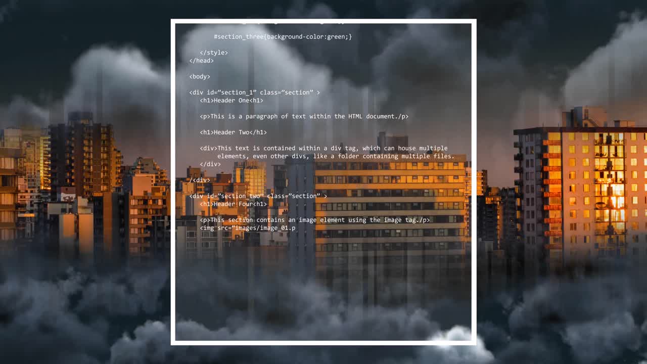 анимация обработки данных над городским пейзажем