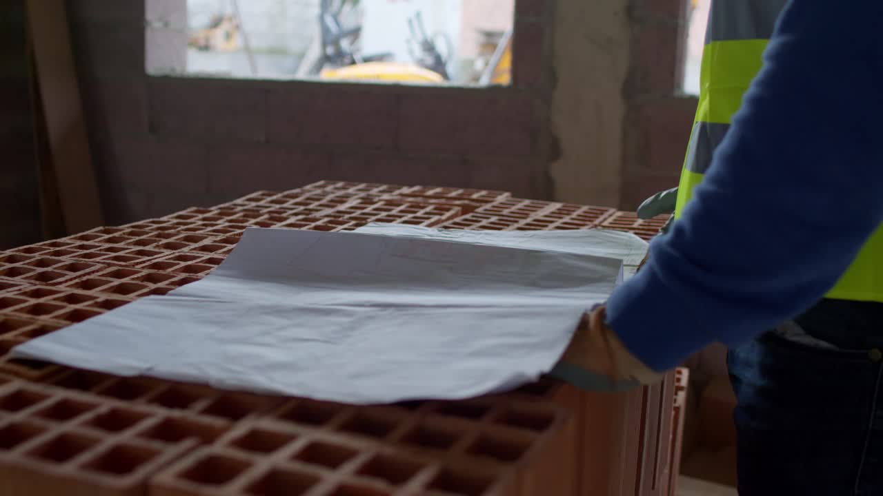 4K footage showing a close-up view of construction project papers as a worker flips through detailed plans, showcasing architecture and site planning in progress.