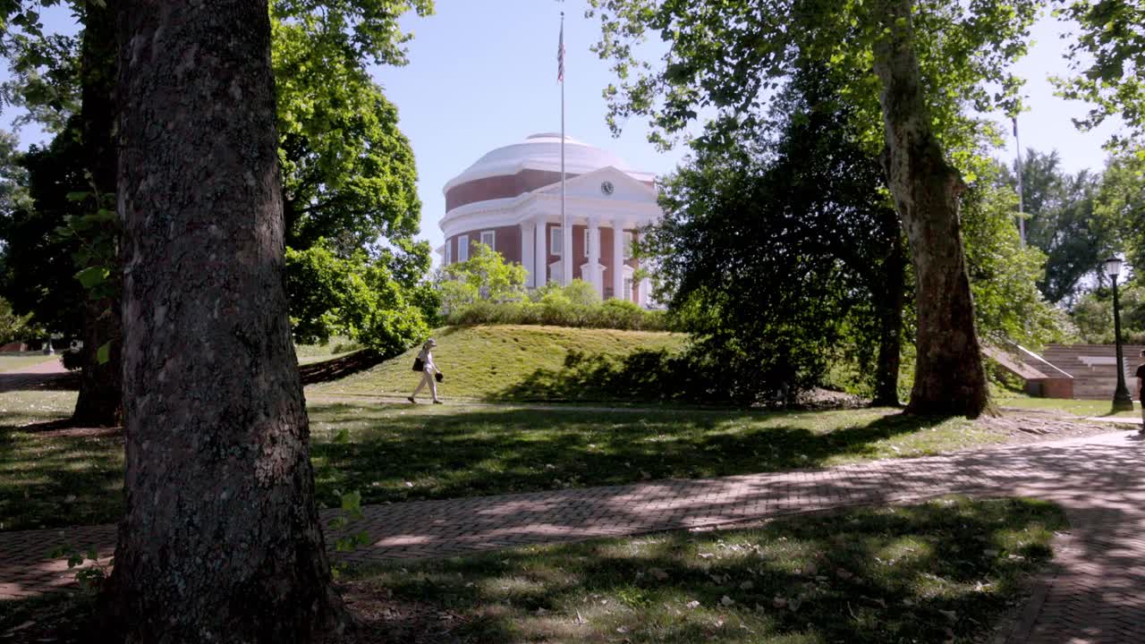 A Student Walks on the Lawn Towards the Rotunda at the University of Virginia