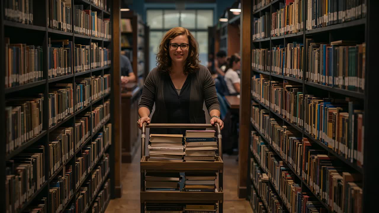 Pushing library worker wearing cardigan moving down aisle after returns, reshelving books on cart