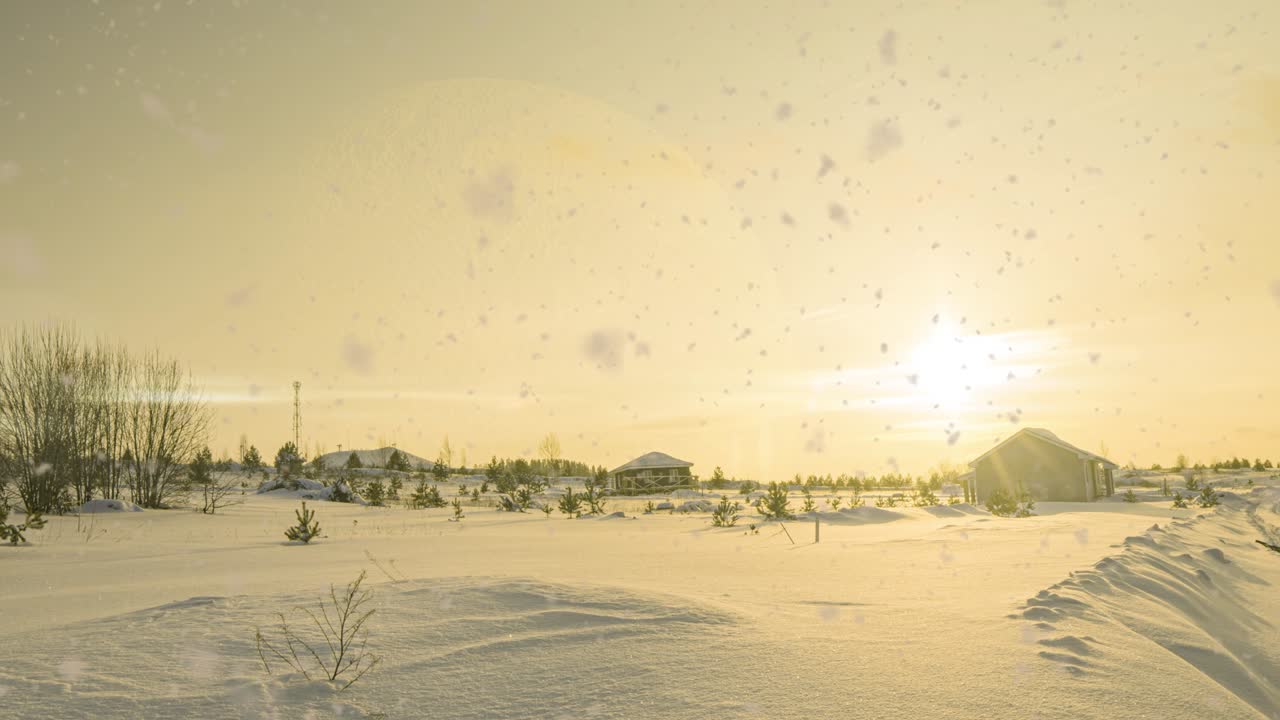 겨울의 미래적인 일몰, 하이퍼스, 눈이 내리는.