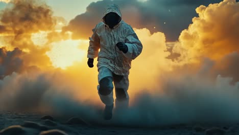 runner in a space suit escapes from a cloud of smoke at sunset