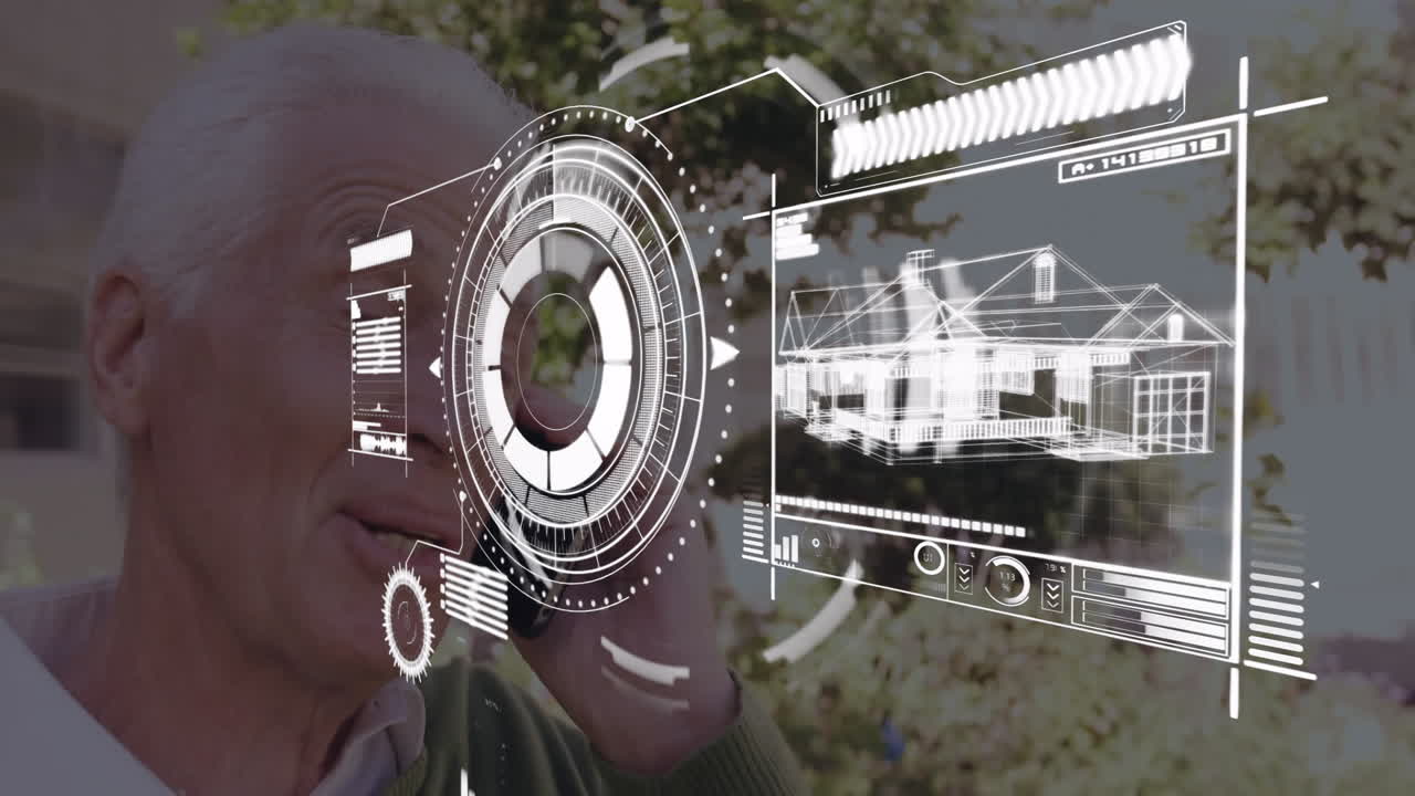 Senior man using smartphone outdoors interacting with HUD and real estate 3D blueprint overlay