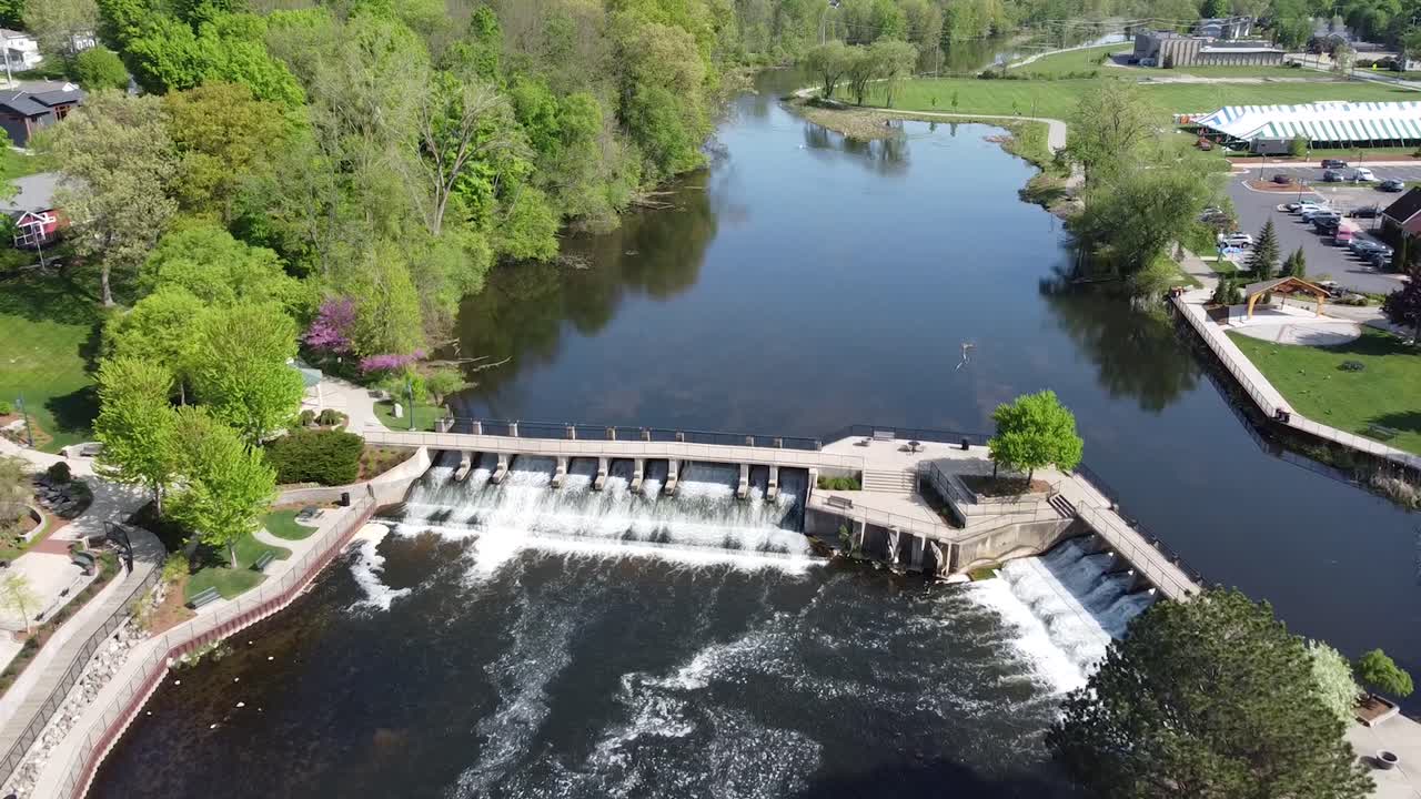 Rockford Michigan aerial drone footage dam river waterfall