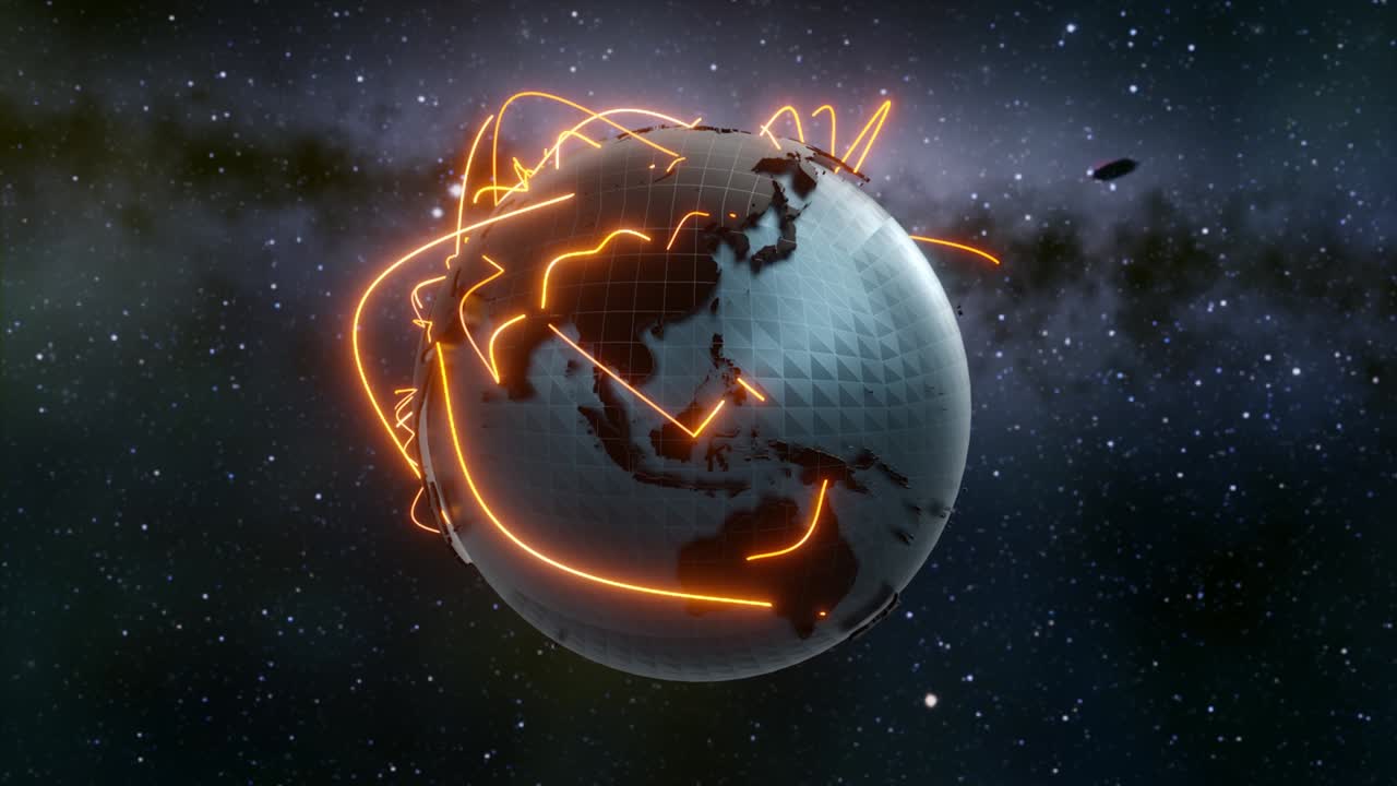 la globalización tecnológica de la tierra en animación 3d. puntos de negocios globales en un planeta giratorio.