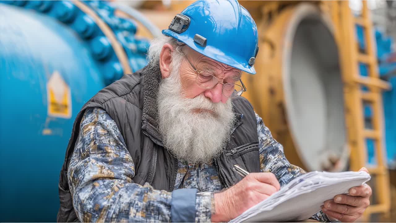 An Experienced Engineer Analyzing Data: A Senior Technician in a Blue Hard Hat Taking Notes with a Focused Attitude in an Industrial Environment
