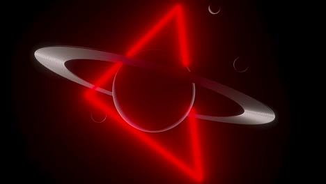 red triangle shaped light surrounding saturn in dark space. 3d animation loop