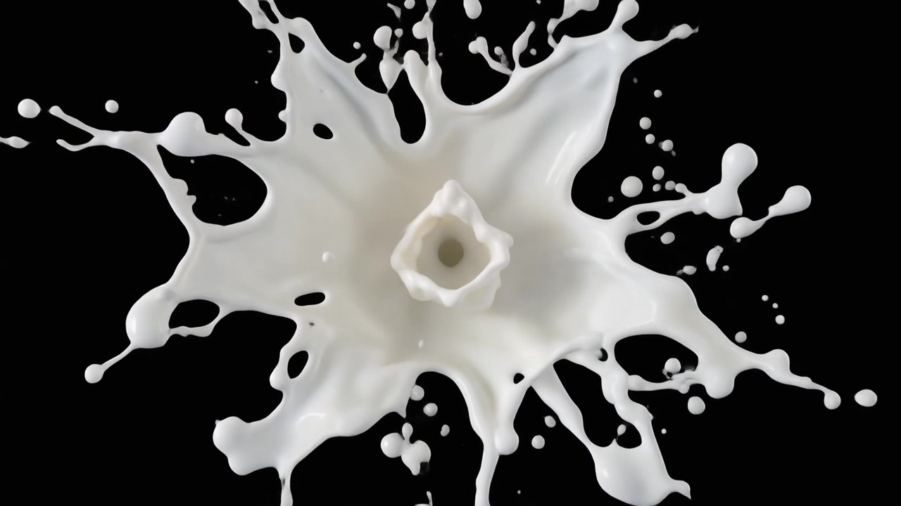 Bovenaanzicht van witte vloeistof die opspat tegen een zwarte achtergrond