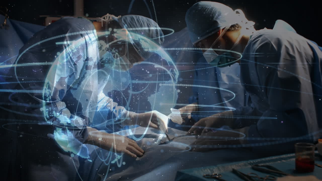 Animation of globe with network of connections over surgeons in operating theatre