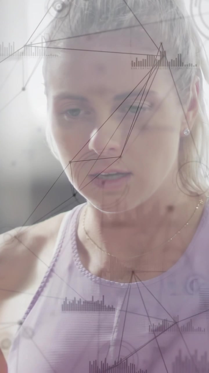 Vertical video: Woman performing training rep, starting arm extension while HUD tracking pulse