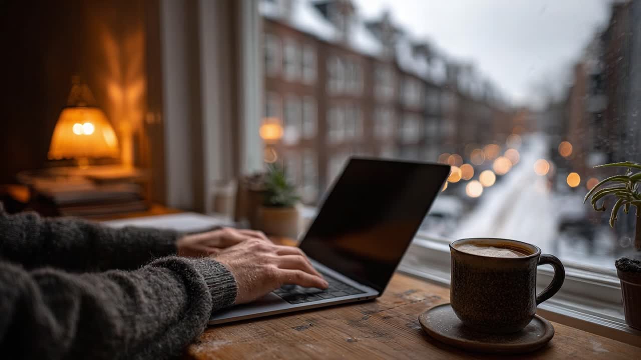 Cozy Workspace: A Warm Coffee and Laptop Setup by the Window on a Rainy Day, Perfect for Productivity and Inspiration