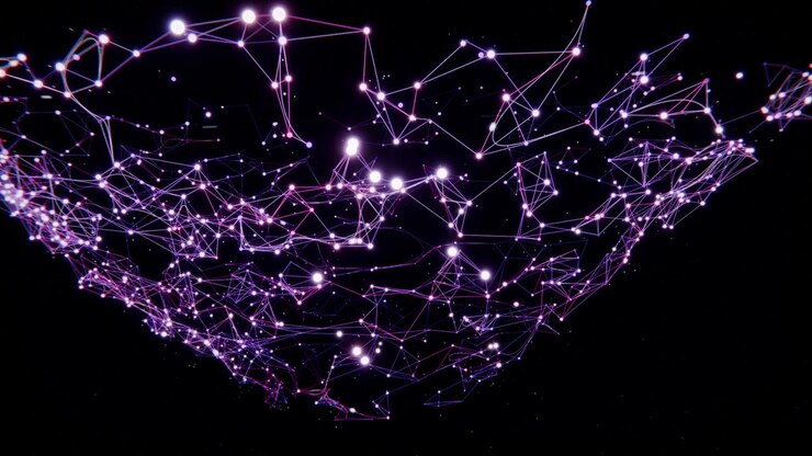 Starting dark frame, luminous mesh forming, knitting glowing nodes with thin lines, revealing stars
