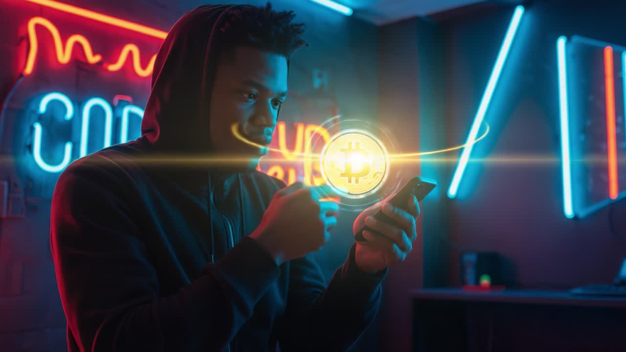 Um indivíduo focado interage com a tecnologia de criptomoeda, exibindo um emblema digital do Bitcoin em meio a um ambiente vibrante com tema néon que enfatiza as finanças modernas