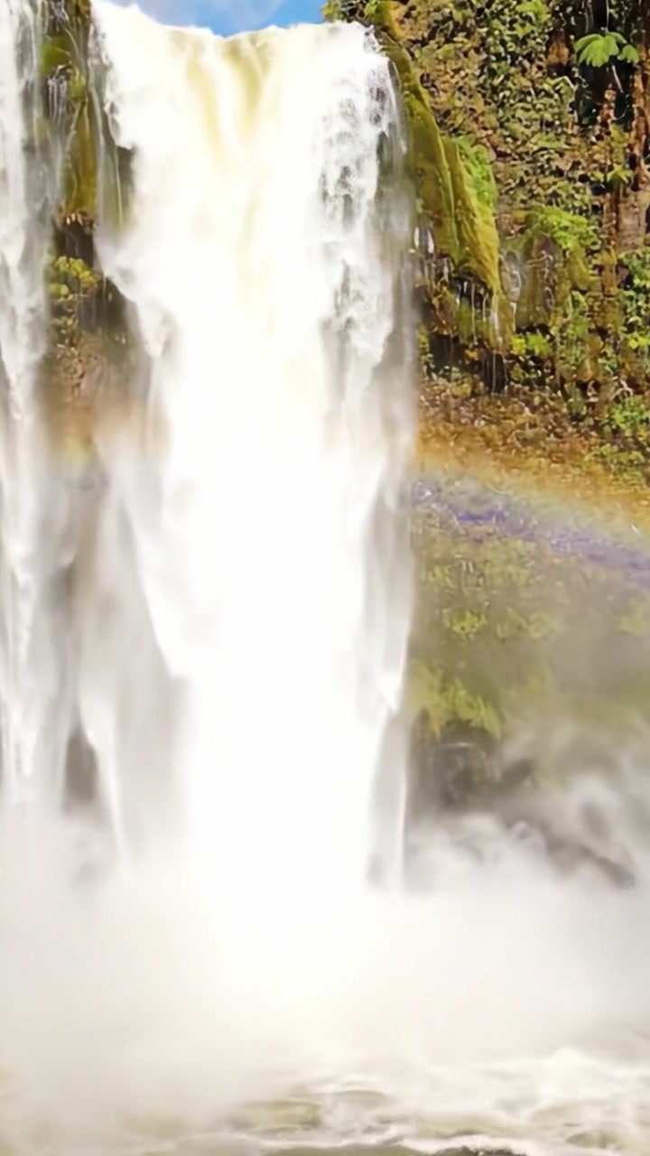 Una Maestosa Cascata che Scende Potentemente con un Arcobaleno Vibrante che si Inarca sul Paesaggio Nebbioso in un Ambiente Naturale Sereno