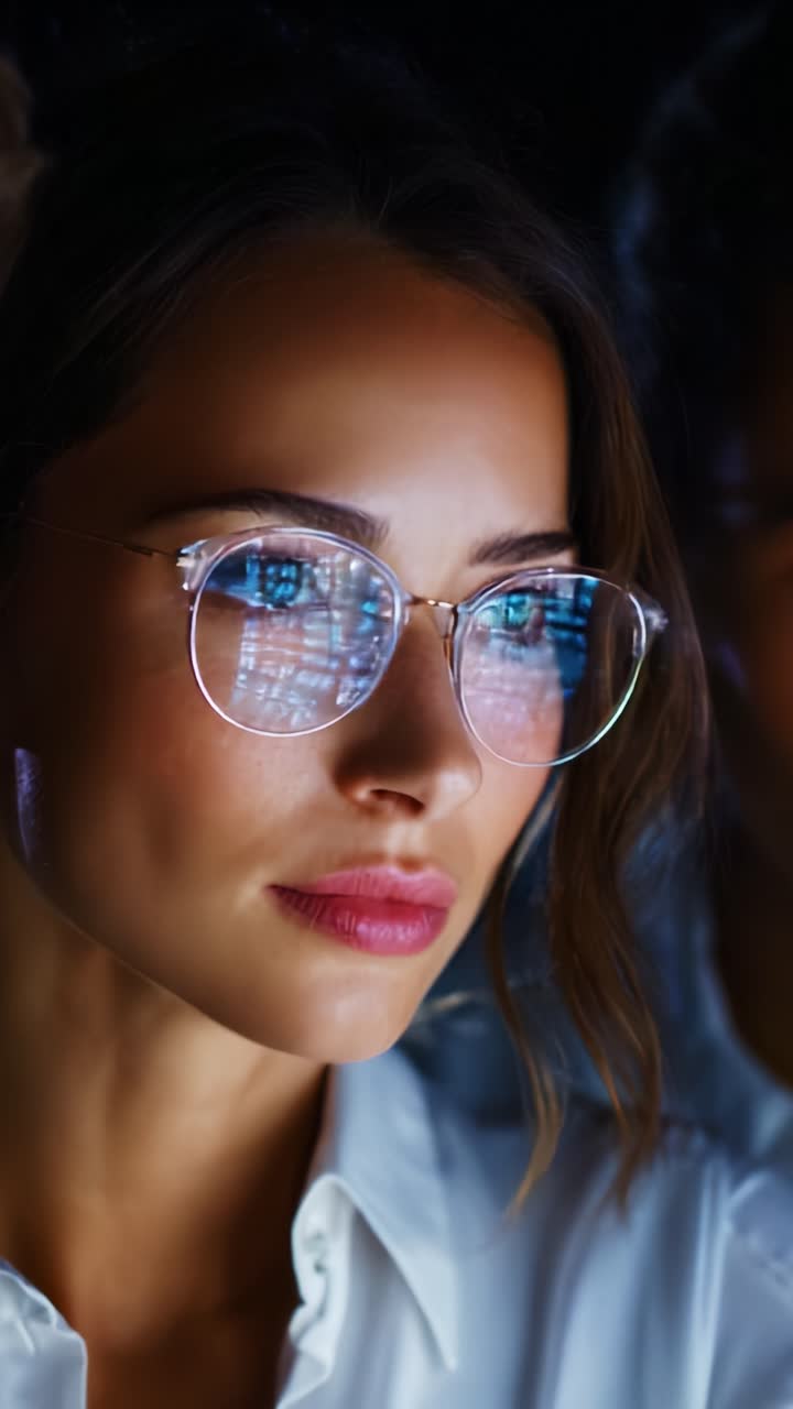 Cautivador primer plano de una mujer con gafas, reflejo enigmático de datos digitales en los cristales, que destaca una mezcla de tecnología y belleza