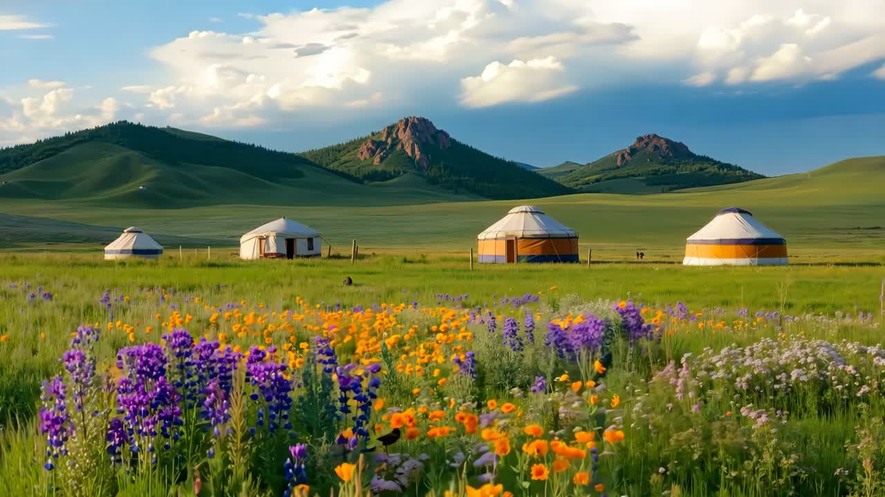 잔디의 한가운데에 있는 유르트 앞에 있는 야생 꽃의