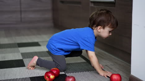 caucasian baby boy sits on the floor looking at scattered apples. kid takes one apple and bites it.