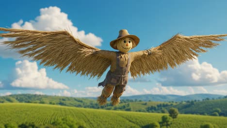 a whimsical flying scarecrow with straw wings soars over a lush green landscape, embodying the spirit of harvest and creativity in a vivid countryside scene